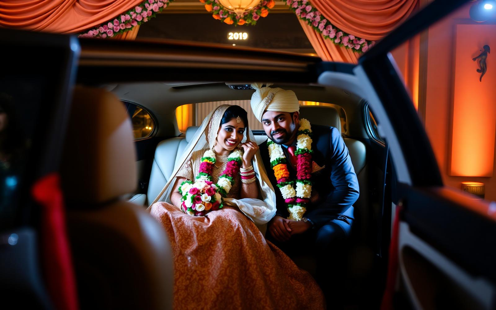 Bride and groom arriving in a decorated luxury car