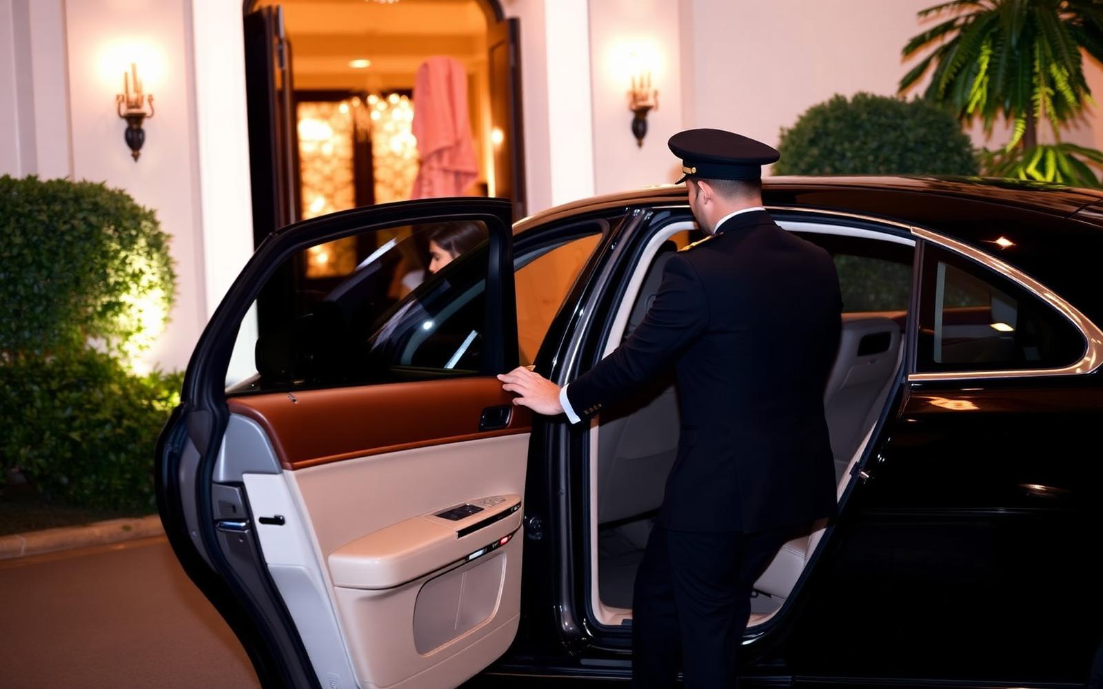 Professional chauffeur opening the rear door of a luxury sedan