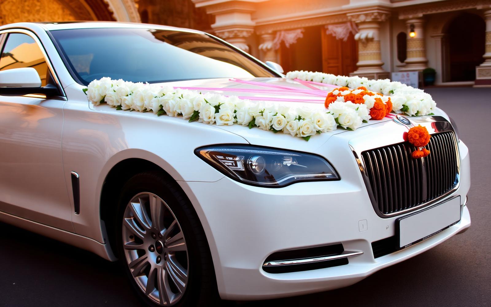 Luxury white sedan with white rose and marigold garland