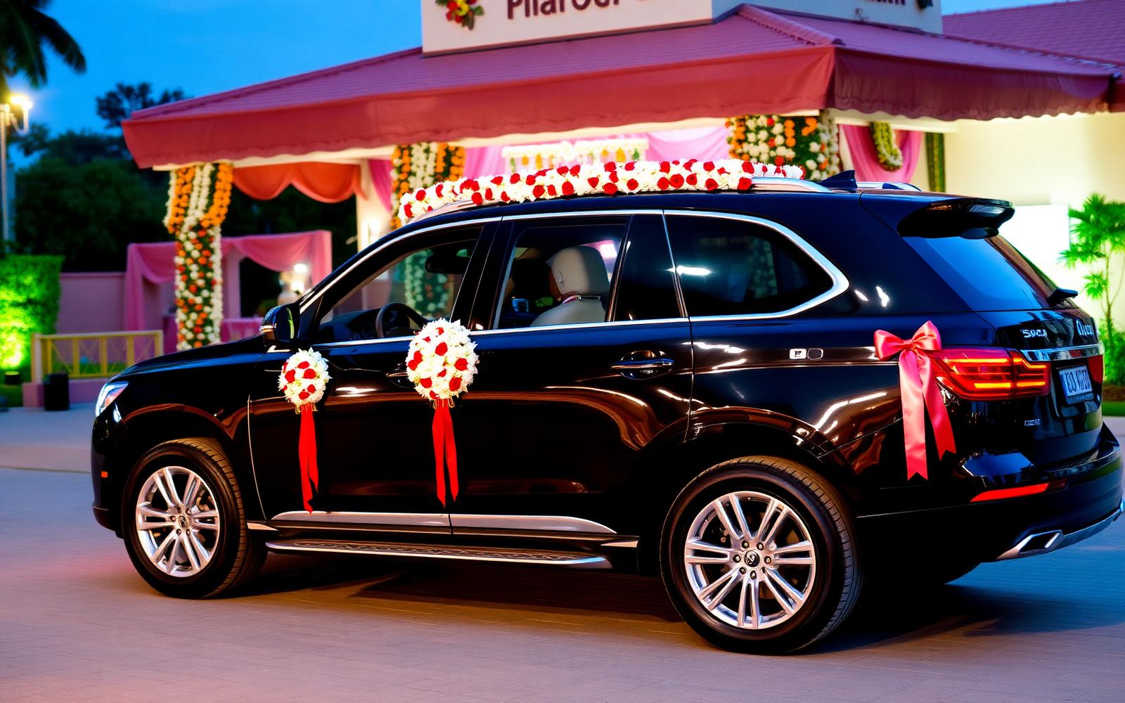 Premium black SUV with floral wedding decoration