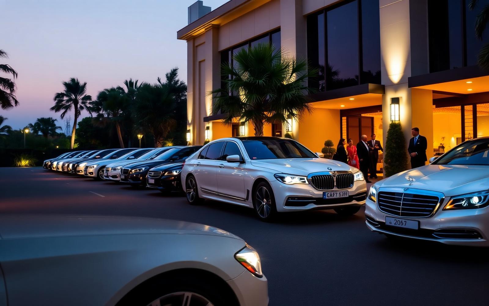 A line of premium sedans and SUVs receiving guests at a wedding venue